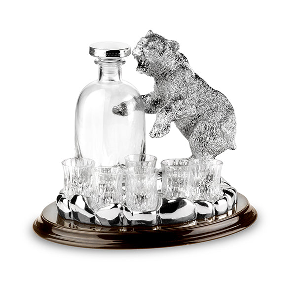"BEAR" 6 glasses + bottle holder statue