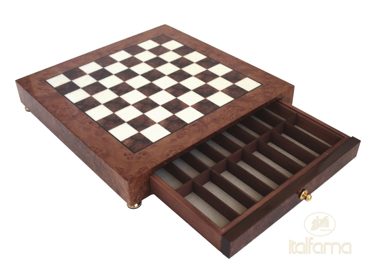 Elm Briar Wood Chessboard with Drawer Glossy Finish