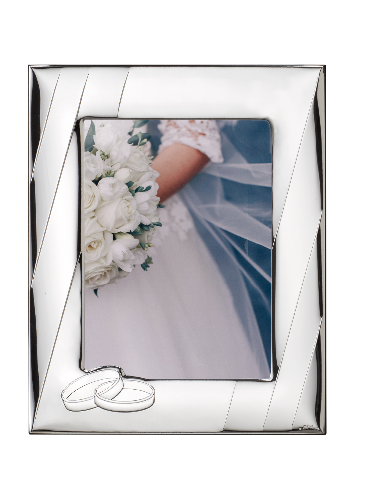 Elegant silver wedding photo frame with decorative rings, available in 13 x 18 cm and 18 x 24 cm, W1104 W1105