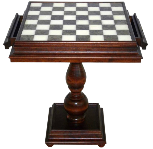 Tilia wood chesstable with marble top and double drawer