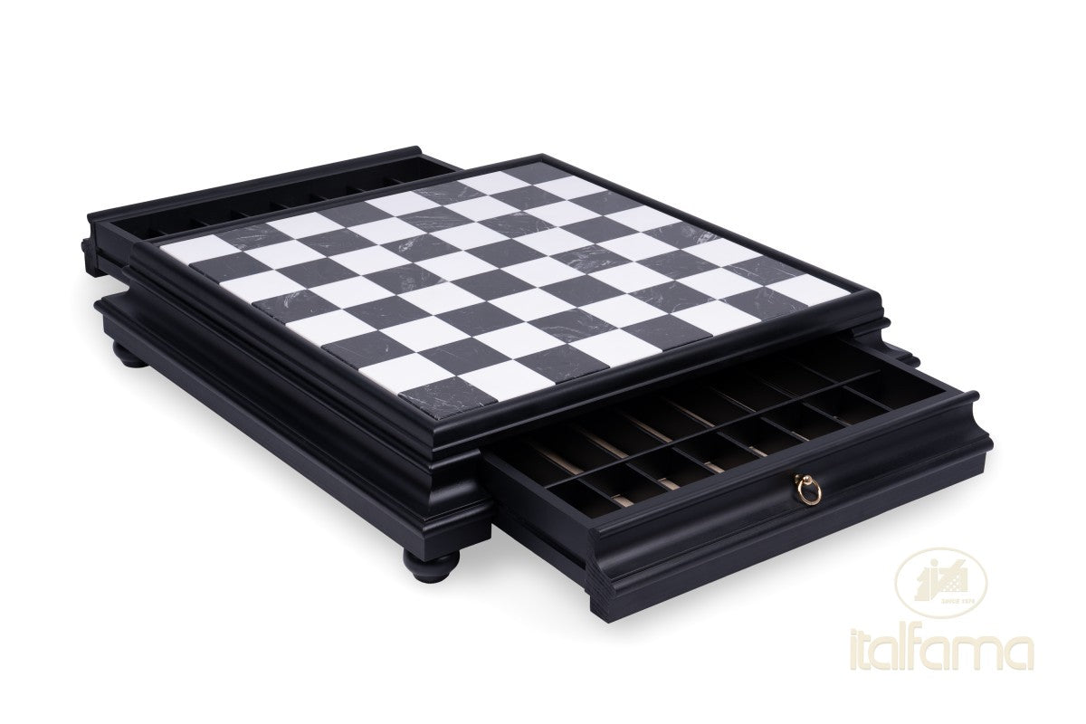 Lacquered Wooden Chess Board with Marble Top and Drawer