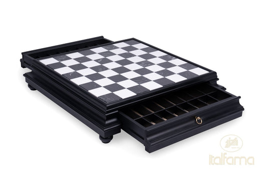 Lacquered Wooden Chess Board with Marble Top and Drawer