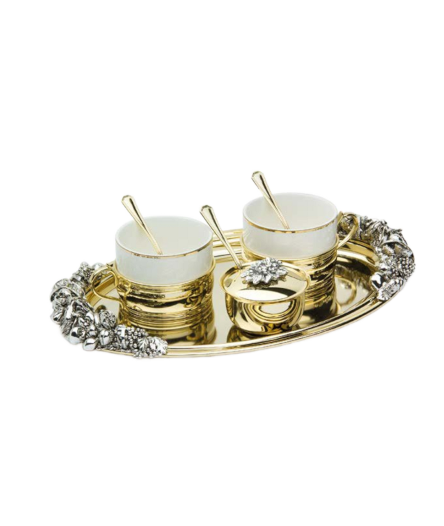 Luxuriöses Tee-Set aus Gold und Porzellan für 2 Personen mit Tablett