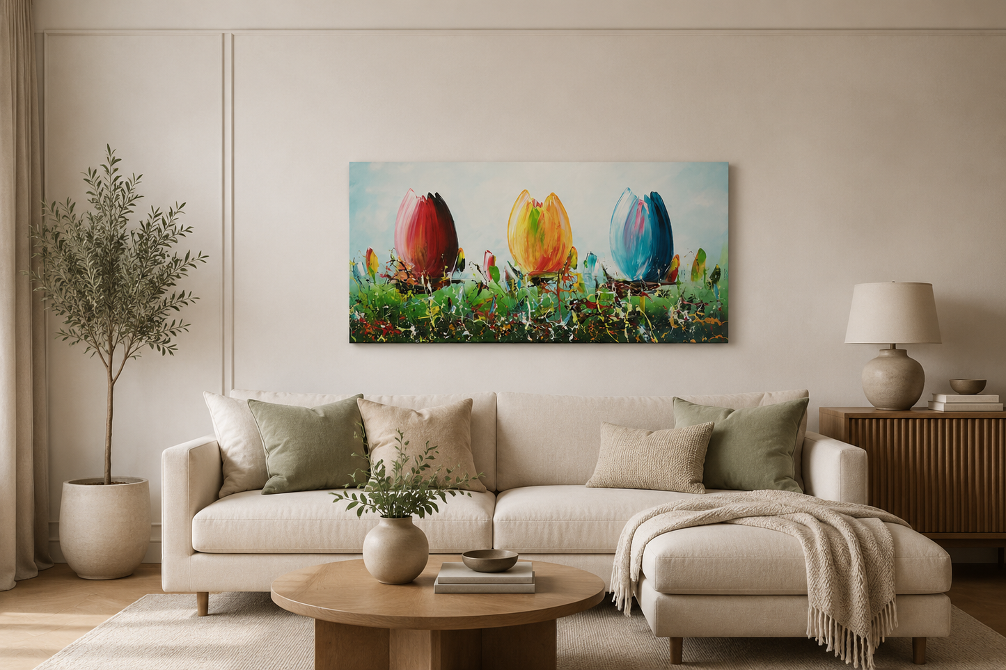 Original Abstraktes Blumen-Gemälde auf Leinwand – Buntes Tulpenfeld Wandkunst 140 × 70 cm