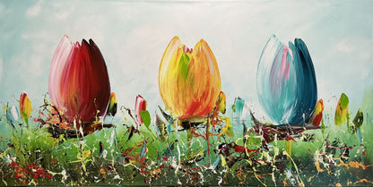 Original Abstraktes Blumen-Gemälde auf Leinwand – Buntes Tulpenfeld Wandkunst 140 × 70 cm