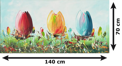 Original Abstraktes Blumen-Gemälde auf Leinwand – Buntes Tulpenfeld Wandkunst 140 × 70 cm