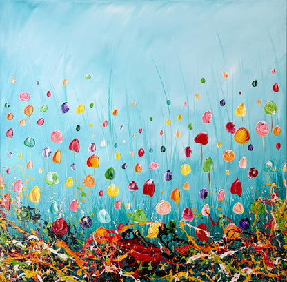 Original Abstraktes Blumen Gemälde auf Leinwand – Farbenfrohes Wildblumenfeld – Handgemalte Wandkunst