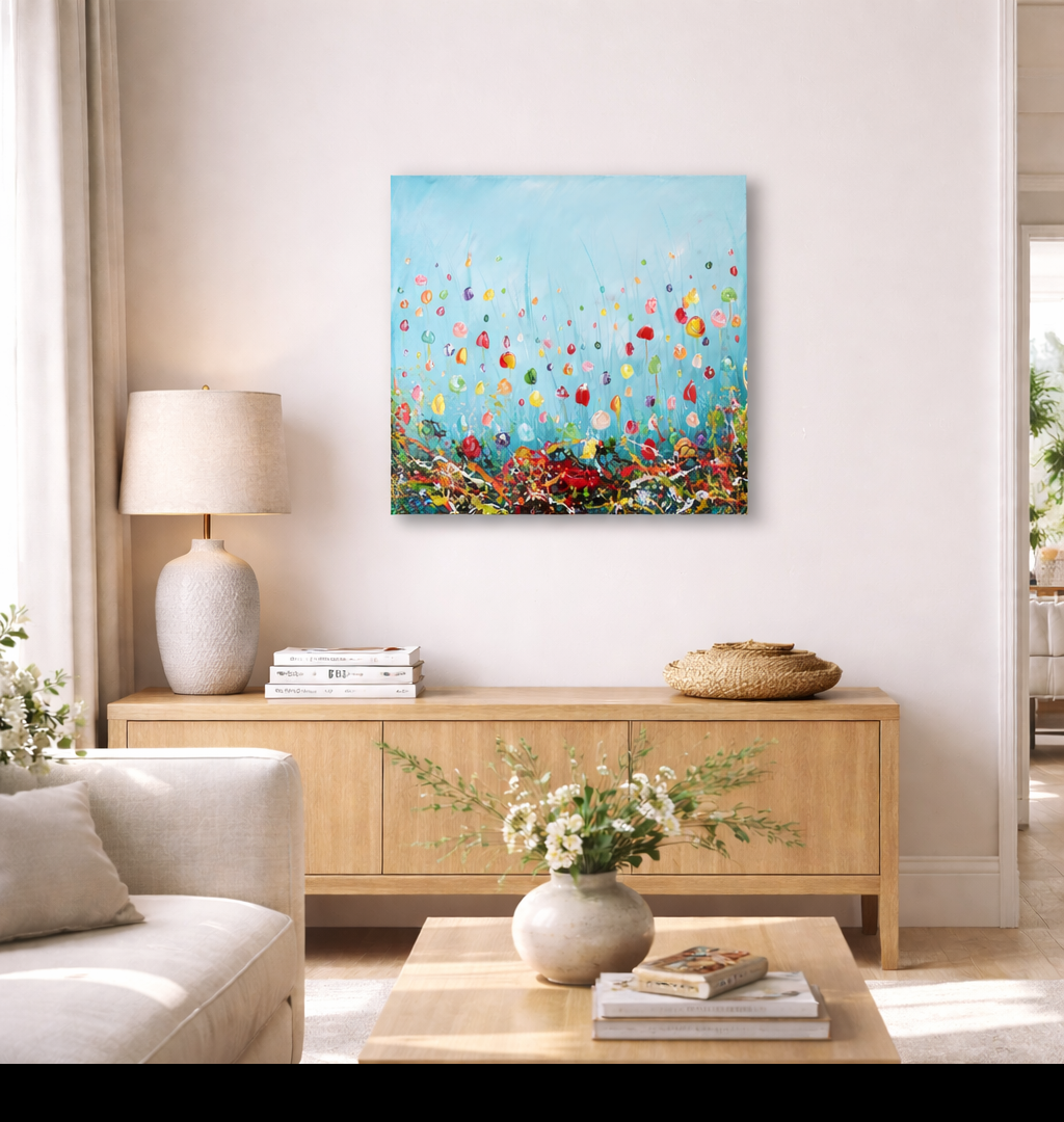 Original Abstraktes Blumen Gemälde auf Leinwand – Farbenfrohes Wildblumenfeld – Handgemalte Wandkunst