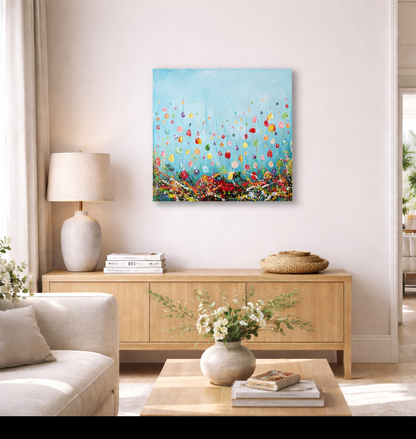 Original Abstraktes Blumen Gemälde auf Leinwand – Farbenfrohes Wildblumenfeld – Handgemalte Wandkunst