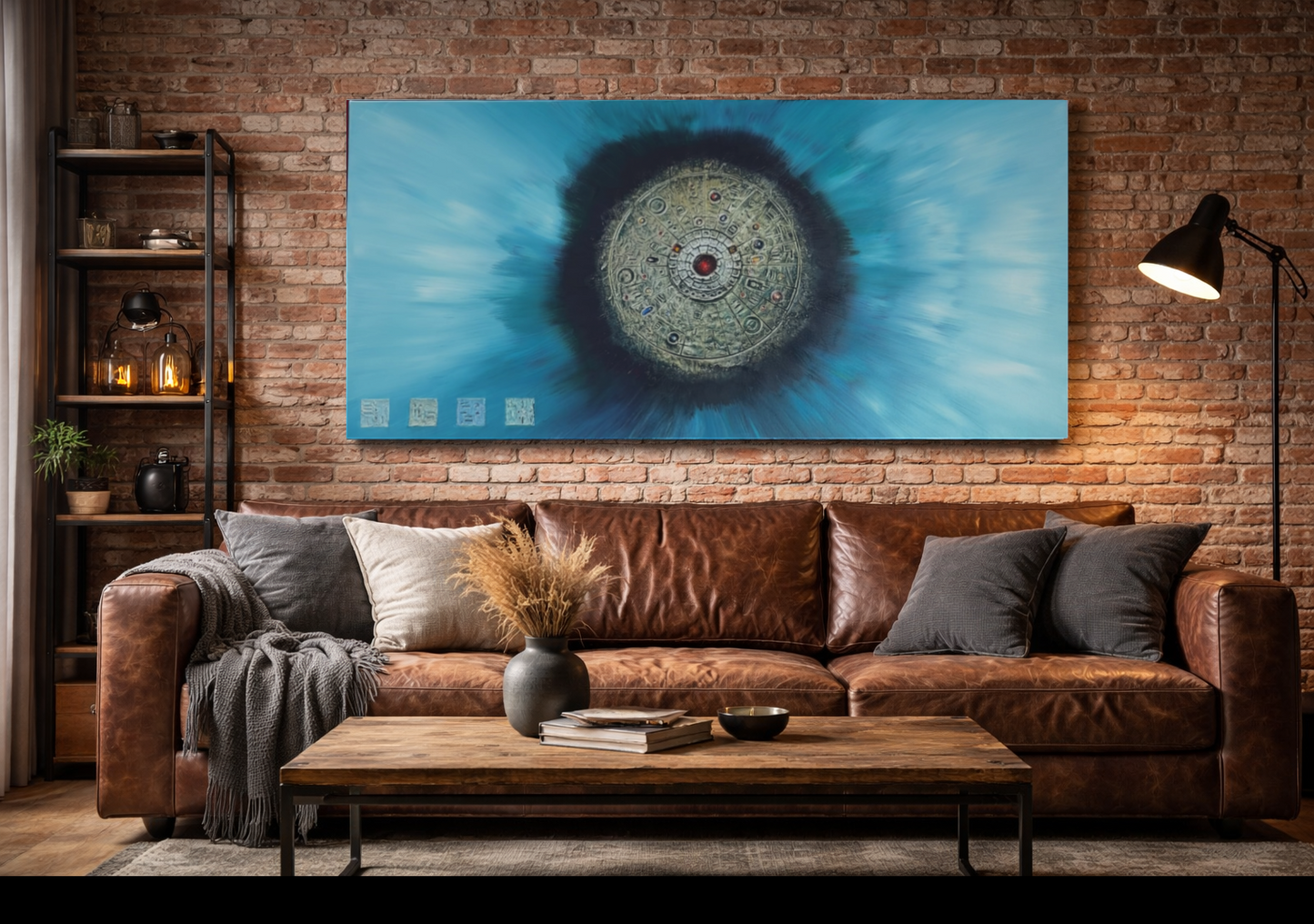 Original abstraktes Symbolgemälde auf Leinwand – Blaue moderne Wandkunst – Handgemaltes Kunstwerk 140 x 70 cm