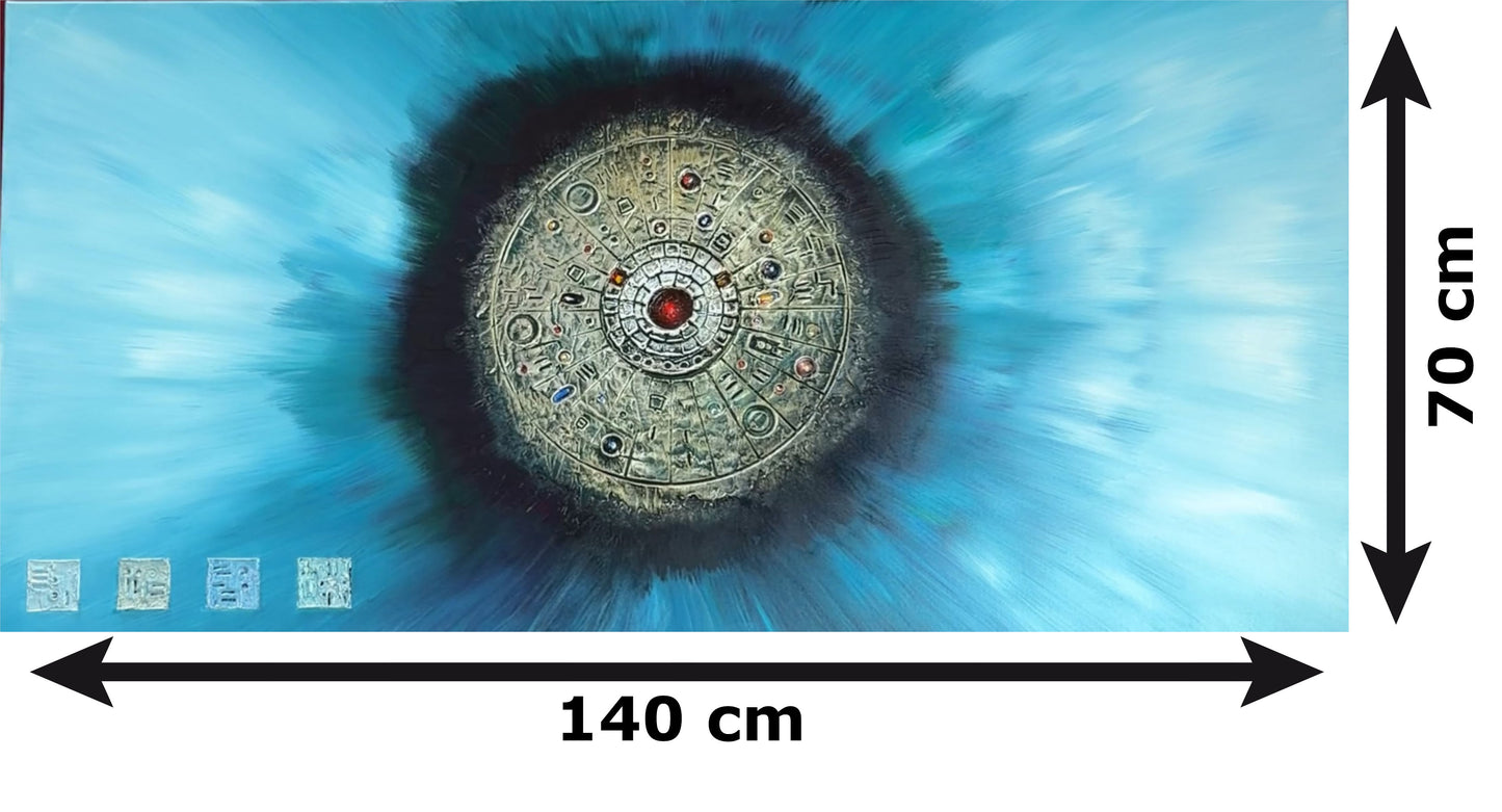 Original abstraktes Symbolgemälde auf Leinwand – Blaue moderne Wandkunst – Handgemaltes Kunstwerk 140 x 70 cm