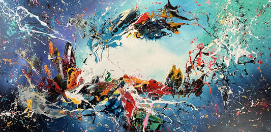Original Abstraktes Gemälde auf Leinwand – Dynamische blaue Splash Wandkunst 140 × 70 cm