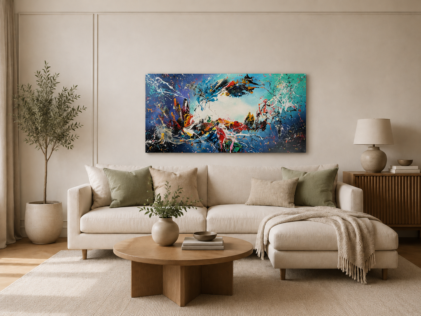 Original Abstraktes Gemälde auf Leinwand – Dynamische blaue Splash Wandkunst 140 × 70 cm