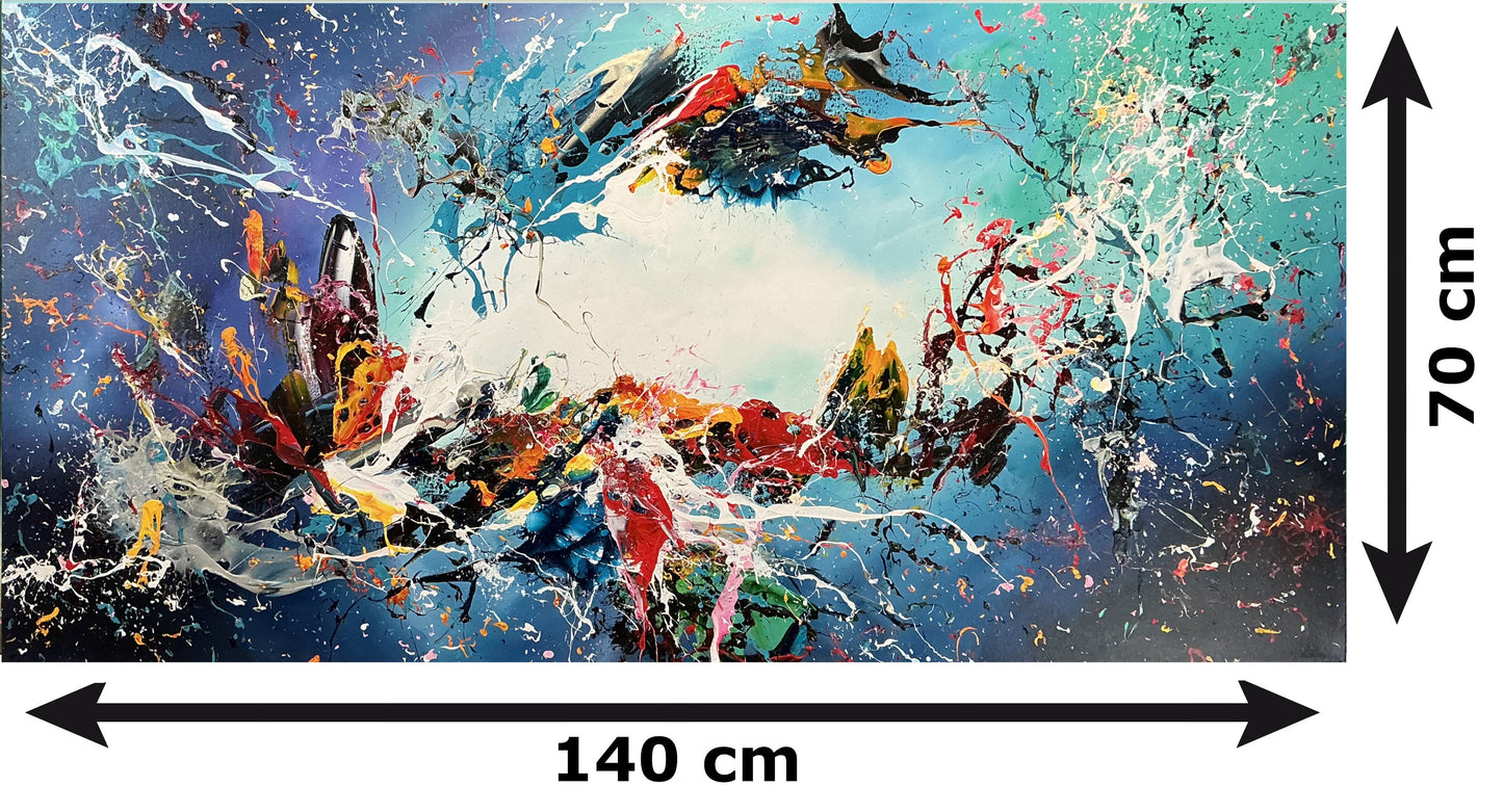 Original Abstraktes Gemälde auf Leinwand – Dynamische blaue Splash Wandkunst 140 × 70 cm