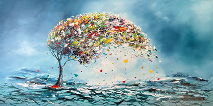 Original Abstraktes Baumgemälde auf Leinwand – Farbenfrohe, windzerzauste Landschaft Wandkunst 140 × 70 cm