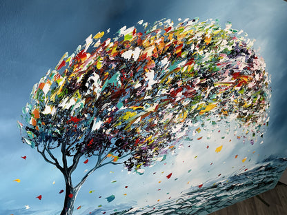 Original Abstraktes Baumgemälde auf Leinwand – Farbenfrohe, windzerzauste Landschaft Wandkunst 140 × 70 cm