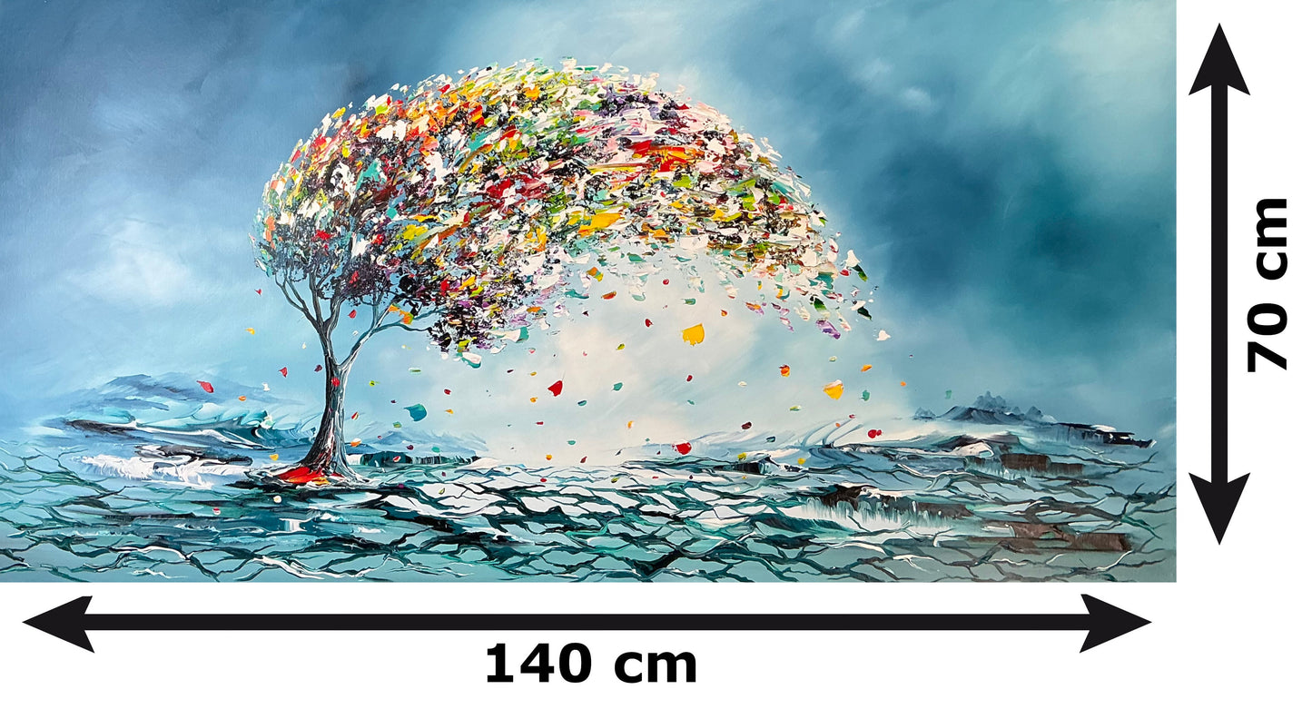 Original Abstraktes Baumgemälde auf Leinwand – Farbenfrohe, windzerzauste Landschaft Wandkunst 140 × 70 cm