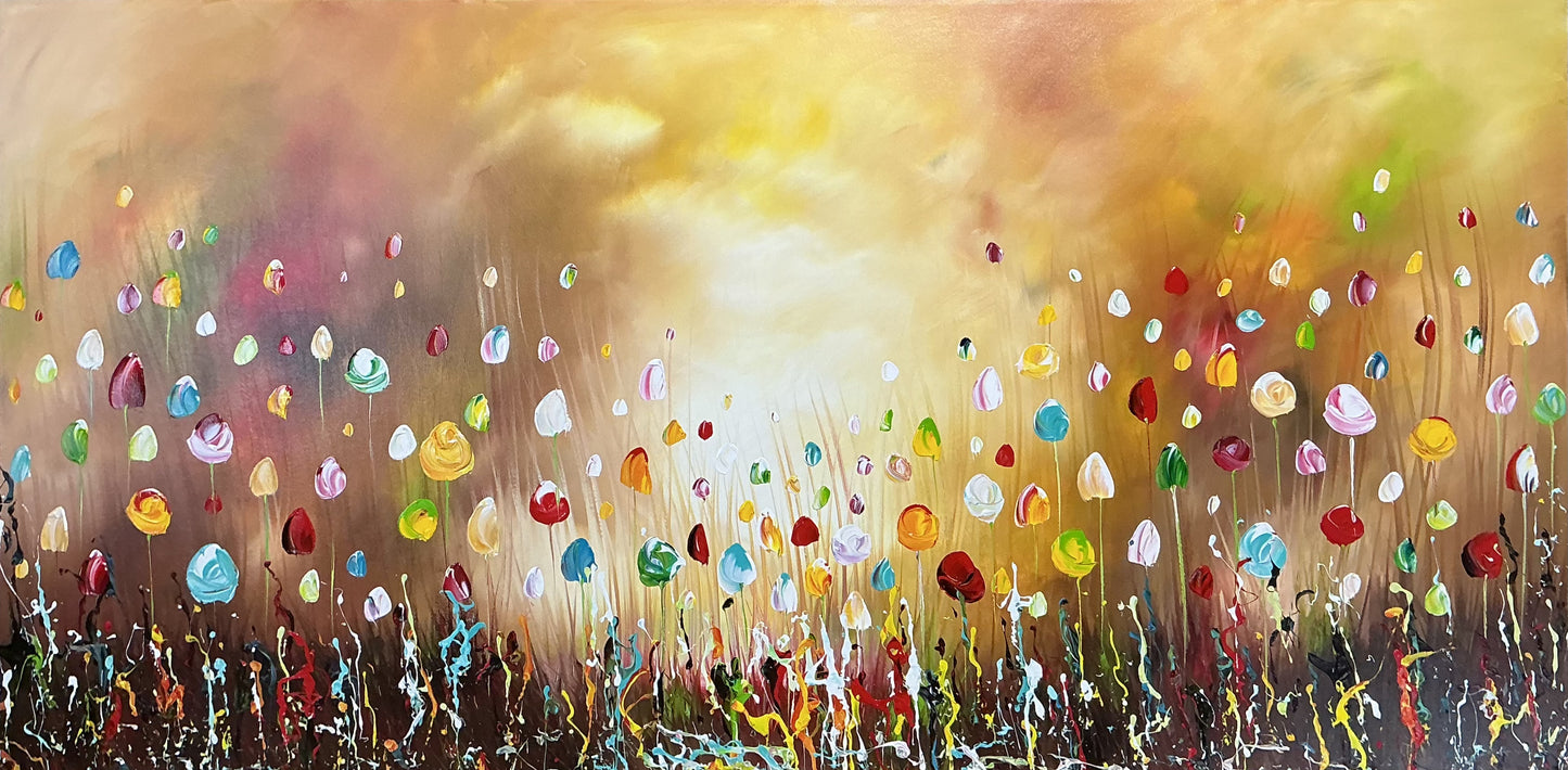 Original Abstraktes Blumen-Gemälde auf Leinwand – Buntes Wildblumenfeld Wandkunst 140 × 70 cm