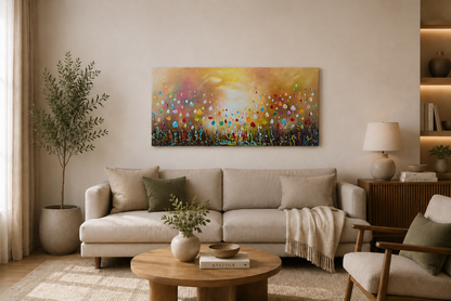 Original Abstraktes Blumen-Gemälde auf Leinwand – Buntes Wildblumenfeld Wandkunst 140 × 70 cm