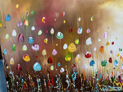 Original Abstraktes Blumen-Gemälde auf Leinwand – Buntes Wildblumenfeld Wandkunst 140 × 70 cm