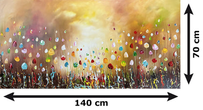 Original Abstraktes Blumen-Gemälde auf Leinwand – Buntes Wildblumenfeld Wandkunst 140 × 70 cm