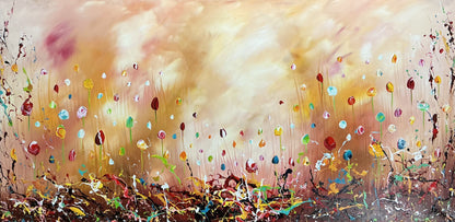 Original Abstraktes Blumen-Gemälde auf Leinwand – Pastellfarbene Wildblumenfeld Wandkunst 140 × 70 cm