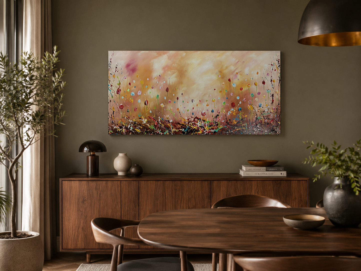 Original Abstraktes Blumen-Gemälde auf Leinwand – Pastellfarbene Wildblumenfeld Wandkunst 140 × 70 cm