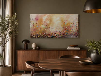 Original Abstraktes Blumen-Gemälde auf Leinwand – Pastellfarbene Wildblumenfeld Wandkunst 140 × 70 cm