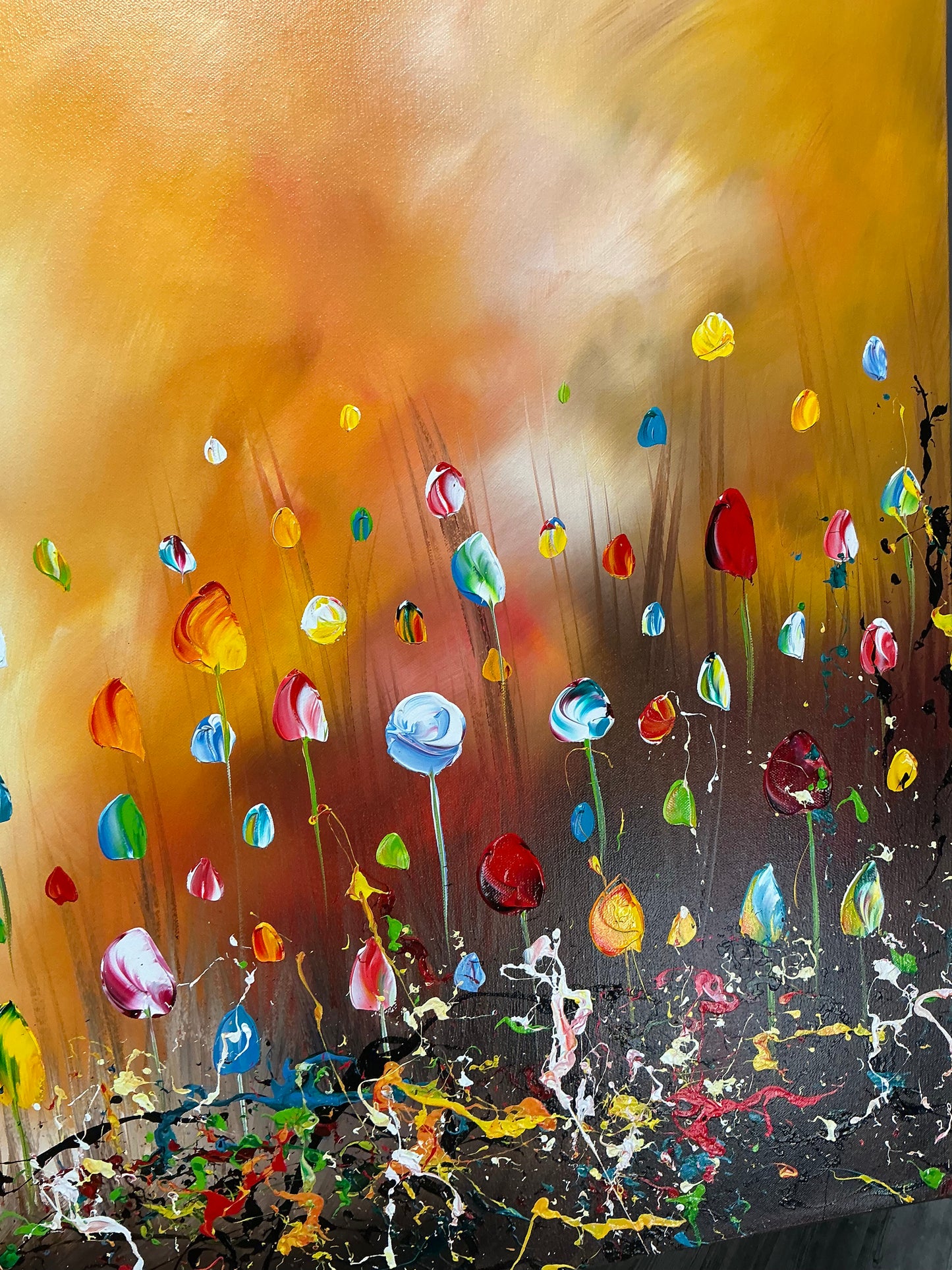 Original Abstraktes Blumen-Gemälde auf Leinwand – Pastellfarbene Wildblumenfeld Wandkunst 140 × 70 cm