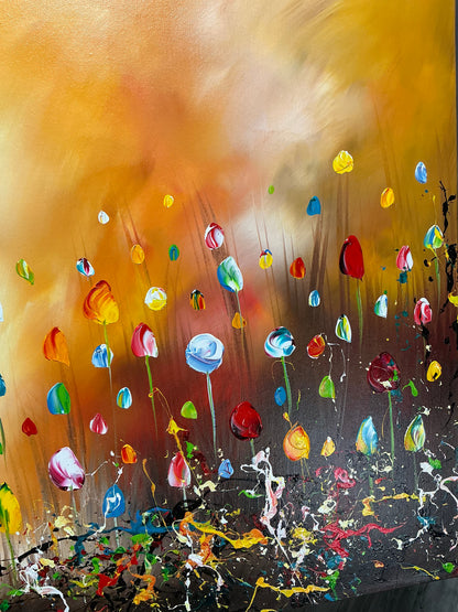 Original Abstraktes Blumen-Gemälde auf Leinwand – Pastellfarbene Wildblumenfeld Wandkunst 140 × 70 cm