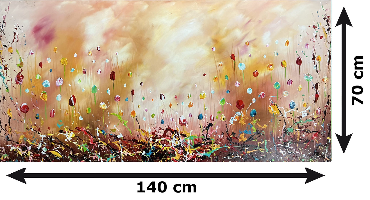 Original Abstraktes Blumen-Gemälde auf Leinwand – Pastellfarbene Wildblumenfeld Wandkunst 140 × 70 cm