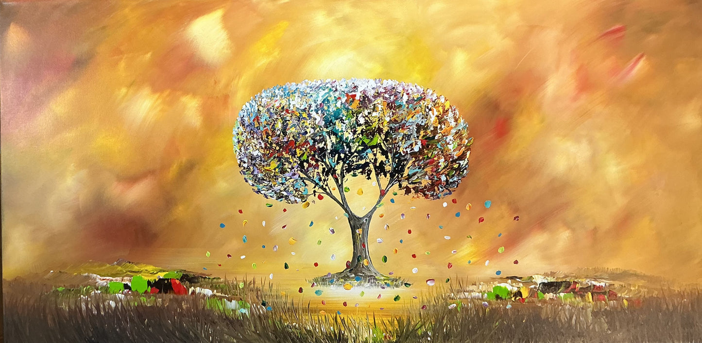 Original abstraktes Baumbild auf Leinwand – Goldene Landschaft Wandbild 140 × 70 cm