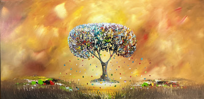 Original abstraktes Baumbild auf Leinwand – Goldene Landschaft Wandbild 140 × 70 cm