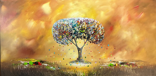 Original abstraktes Baumbild auf Leinwand – Goldene Landschaft Wandbild 140 × 70 cm