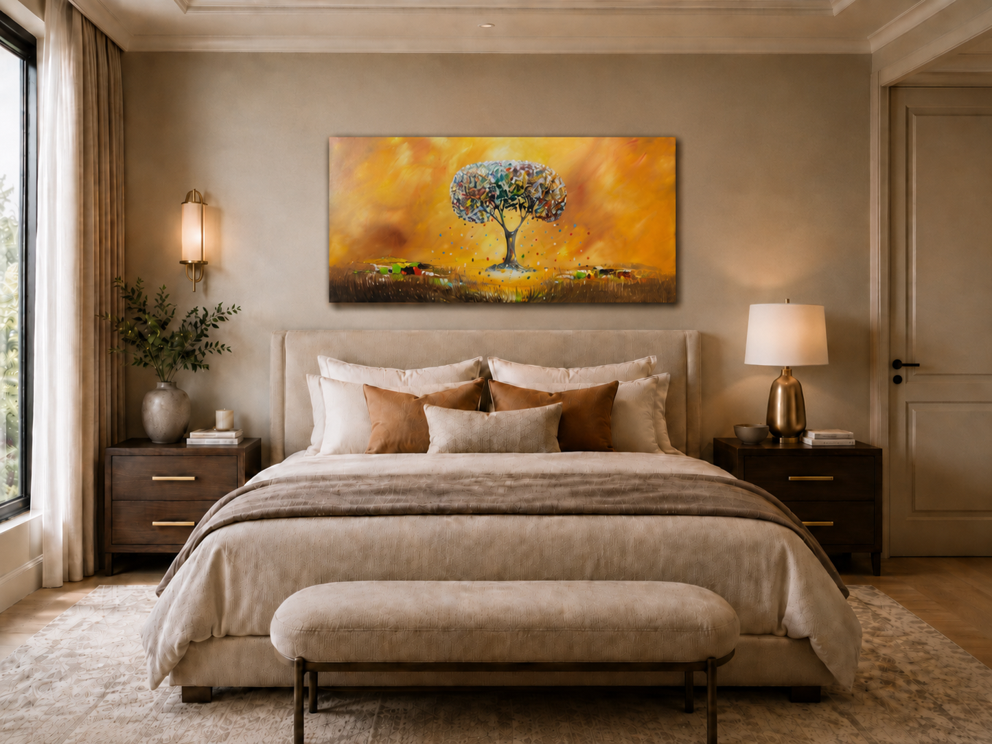 Original abstraktes Baumbild auf Leinwand – Goldene Landschaft Wandbild 140 × 70 cm