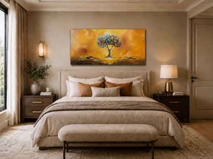 Original abstraktes Baumbild auf Leinwand – Goldene Landschaft Wandbild 140 × 70 cm