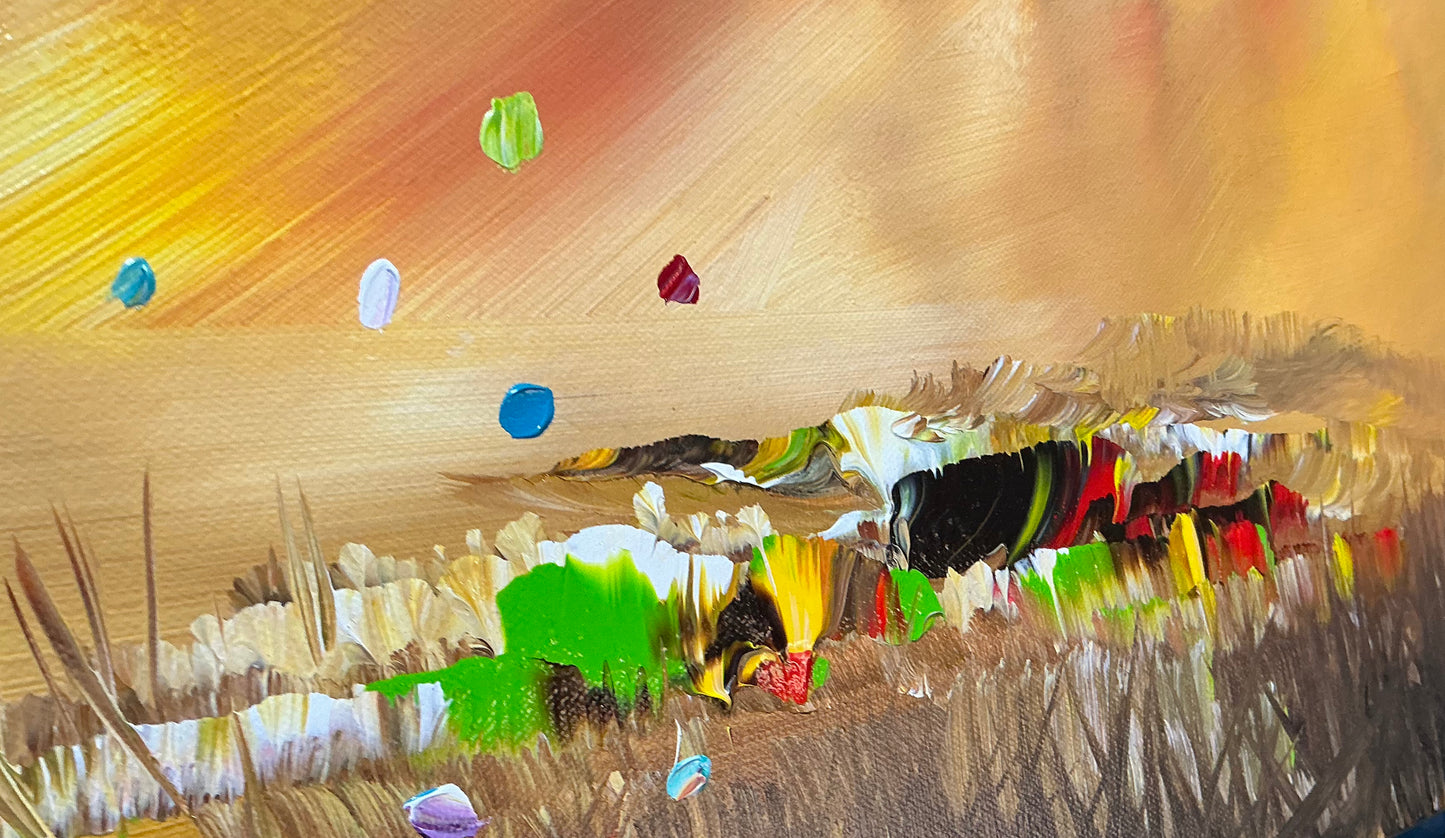 Original abstraktes Baumbild auf Leinwand – Goldene Landschaft Wandbild 140 × 70 cm