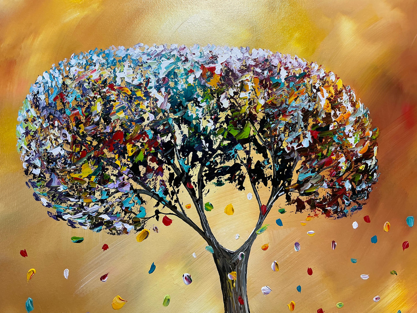 Original abstraktes Baumbild auf Leinwand – Goldene Landschaft Wandbild 140 × 70 cm