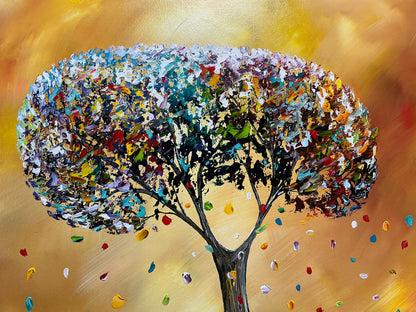 Original abstraktes Baumbild auf Leinwand – Goldene Landschaft Wandbild 140 × 70 cm