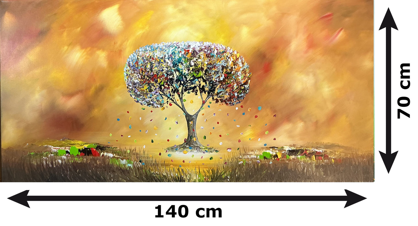 Original abstraktes Baumbild auf Leinwand – Goldene Landschaft Wandbild 140 × 70 cm