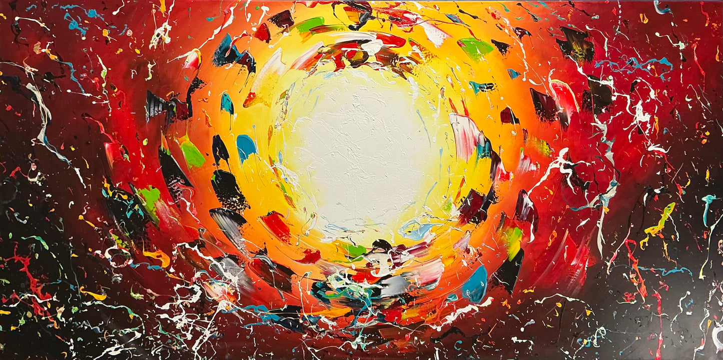 Original abstraktes Sonnen-Gemälde auf Leinwand – rot-orangefarbene Energie-Wandkunst 140 × 70 cm