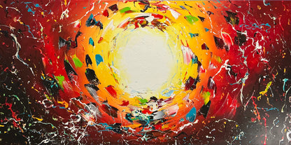 Original abstraktes Sonnen-Gemälde auf Leinwand – rot-orangefarbene Energie-Wandkunst 140 × 70 cm