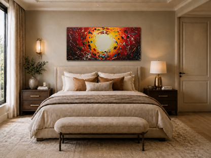 Original abstraktes Sonnen-Gemälde auf Leinwand – rot-orangefarbene Energie-Wandkunst 140 × 70 cm
