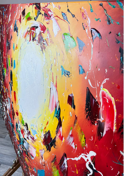 Original abstraktes Sonnen-Gemälde auf Leinwand – rot-orangefarbene Energie-Wandkunst 140 × 70 cm