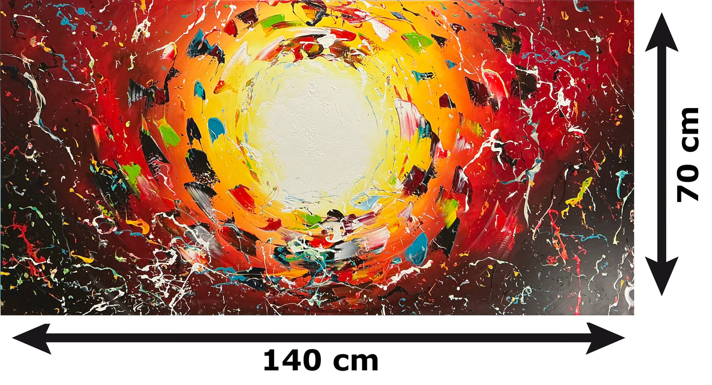 Original abstraktes Sonnen-Gemälde auf Leinwand – rot-orangefarbene Energie-Wandkunst 140 × 70 cm