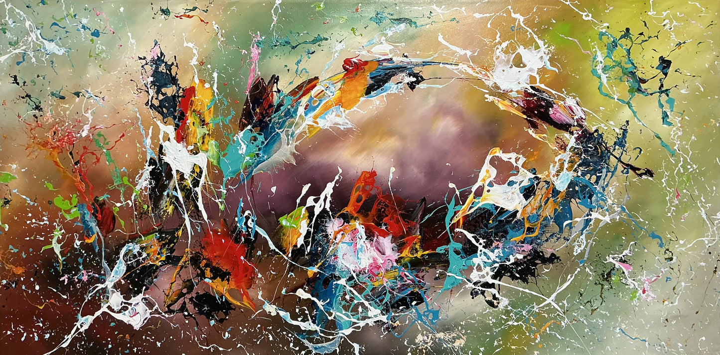 Original Abstraktes Gemälde auf Leinwand – Farbenfrohe Dynamische Wandkunst 140 × 70 cm