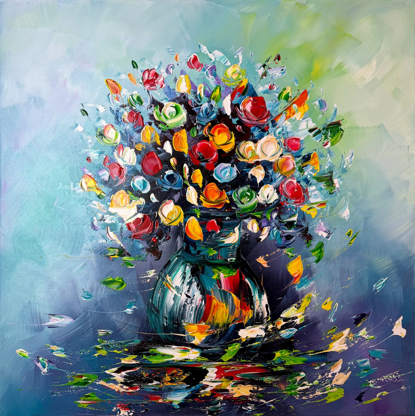 Abstrakte Blumen-Acrylmalerei auf Leinwand – Bunter Blumenstrauß in Vase – Original handgemalte Wandkunst