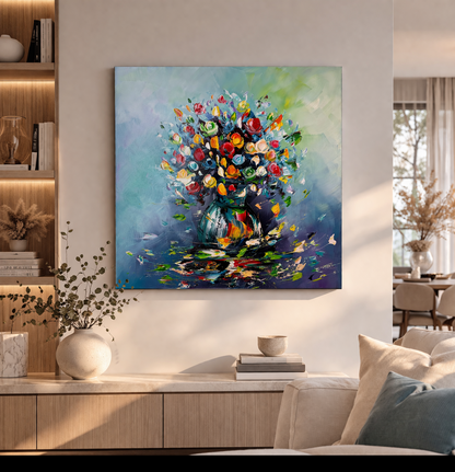 Abstrakte Blumen-Acrylmalerei auf Leinwand – Bunter Blumenstrauß in Vase – Original handgemalte Wandkunst