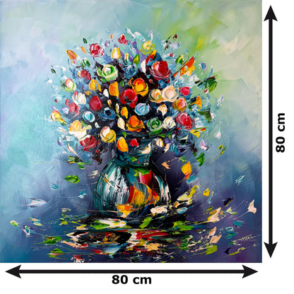 Abstrakte Blumen-Acrylmalerei auf Leinwand – Bunter Blumenstrauß in Vase – Original handgemalte Wandkunst