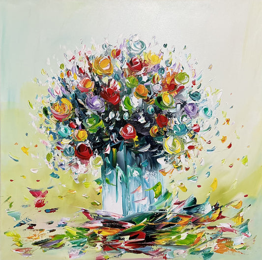 Original abstraktes Blumenbild auf Leinwand – Buntes Blumenbouquet in Vase, Wandkunst 80 × 80 cm